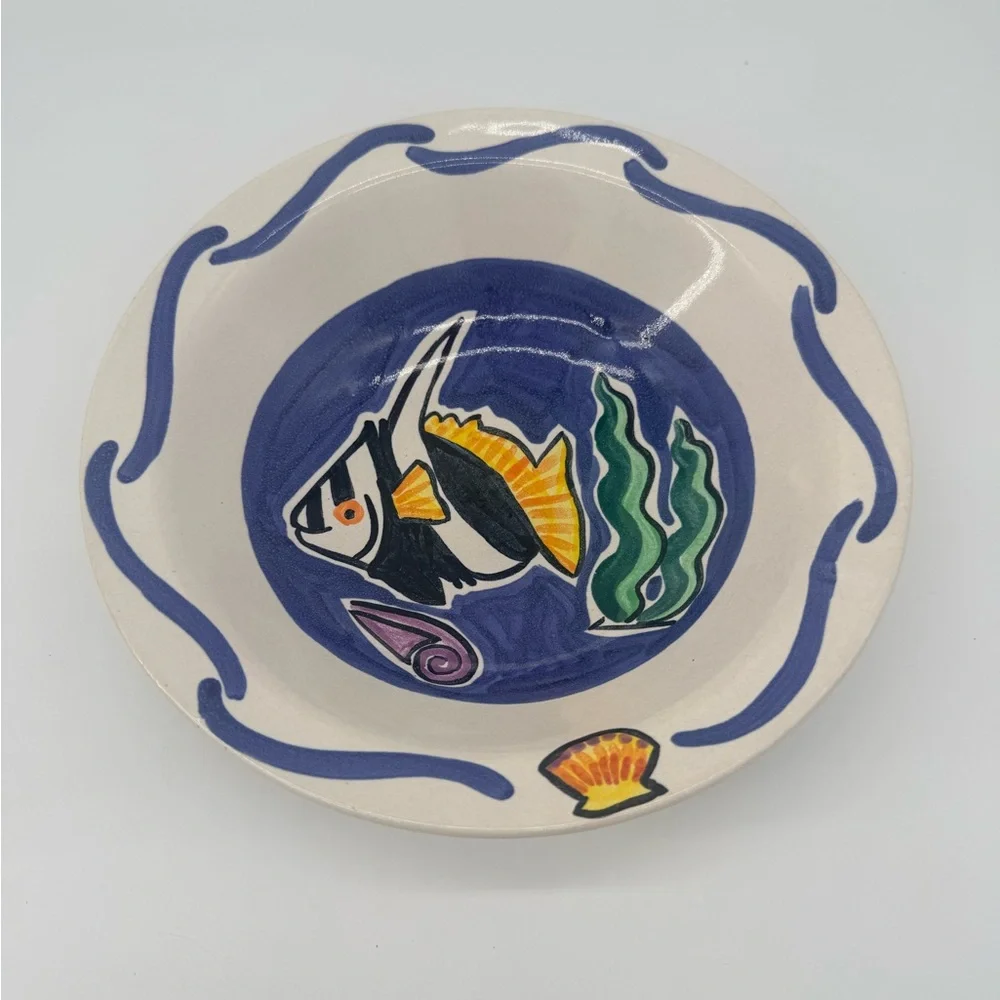 Hand-Painted Fish Ceramic Bowl in Blue, Yellow & Black